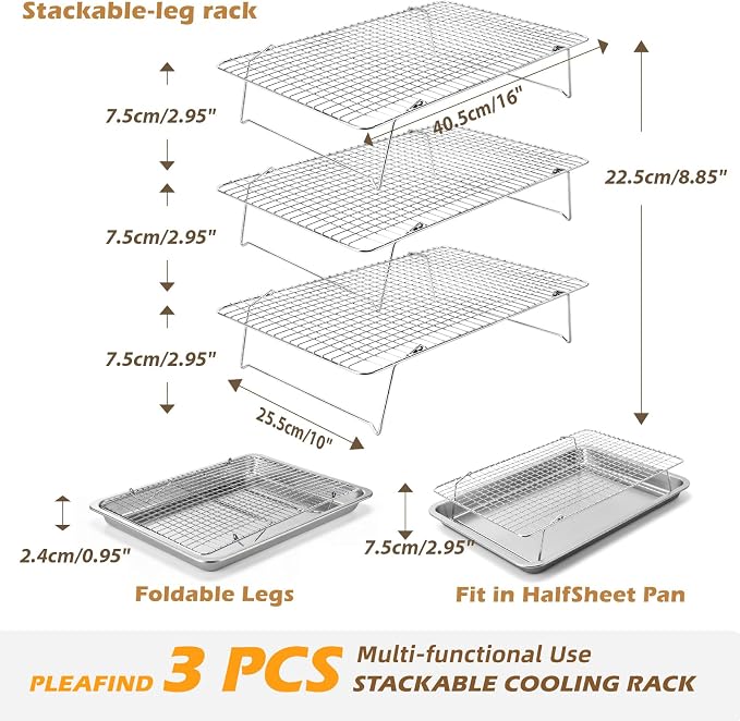 Pleafind 3 Pieces Stackable Cooling Rack - 16 x 10 Inch Wire Rack, 0.43" Dense-Grid Cooling Racks for Cooking, Baking, Roasting, Grilling, Oven and Dishwasher Safe, Silver