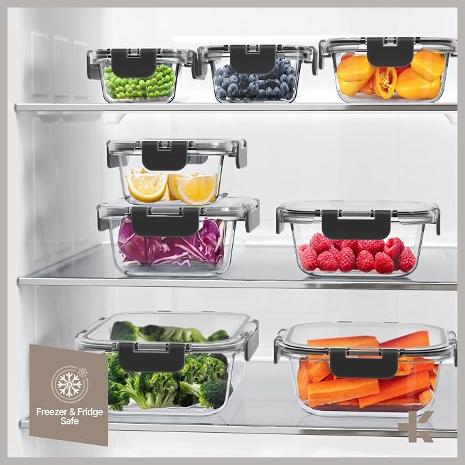 Bakken Borosilicate Glass Food Storage Containers with Lids 24 Pieces, BPA-Free Stackable Lunch & Leftover Containers, Microwave, Freezer & Dishwasher Safe, 100% Airtight Leak-Proof, Black