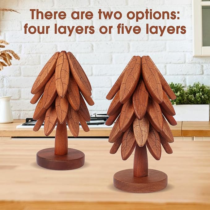 Tree Coasters, 5-Layer Wooden Trivets for Hot Dishes/Pot/Bowl/Teapot/Pans, Enhanced Heat Insulation Tree Shape Trivet Set, Gifts for Him/Her (Leaf Pattern - 5Pcs)