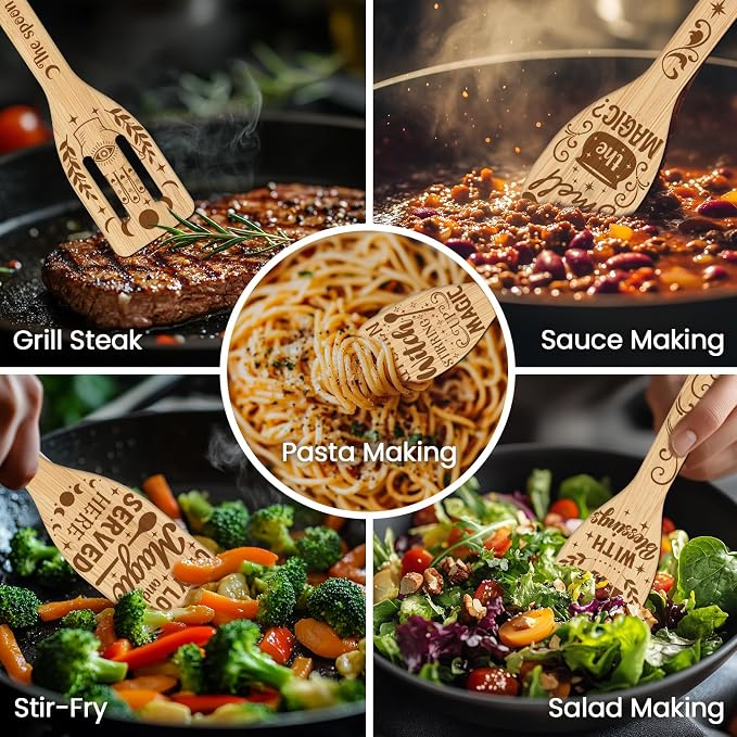 CUTHOLLOW 6PCS Magic Kitchen Wooden Kitchen Cooking Utensil Set, 11.9in Non Toxic Bamboo Wood Spoon Set for Cooking, Best Housewarming Birthday Thanksgiving Christmas Gift for Women Mother