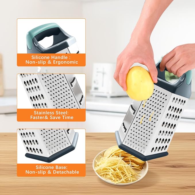 Box grater for kitchen 6 Sided - Cheese Graters Handheld, Stainless Steel Shredder for Food Vegetable Carrot Potato Tomato (Blue)