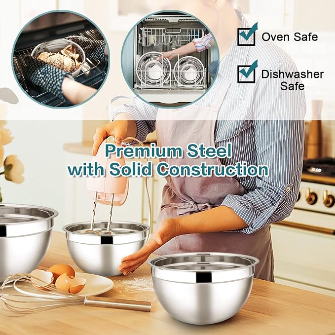 E-far Stainless Steel Mixing Bowls with Lids, 7-Piece Metal Nesting Bowls with Blue Airtight Lids for Saving Storage Space, Size 7, 4.6, 3, 2, 1.5, 1, 0.7QT, Great for Baking/Cooking/Prepping