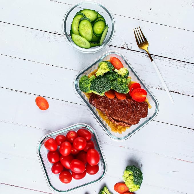 12 Pack Glass Meal Prep Containers with Airtight Lids, Leak-Proof Food Storage Containers, Dishwasher/Microwave/Oven/Freezer Safe Glass Containers for Lunch, Leftovers, to Go (Grey)
