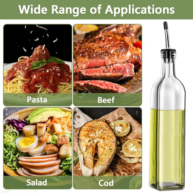 Leaflai Olive Oil Dispenser Bottle, 2 Pcs Glass Olive Oil Dispenser and Vinegar Dispenser Set with 2 Stainless Steel Pourers, 4 Labels,1 Brush and 1 Funnel Oil Bottles for Kitchen (500ml)