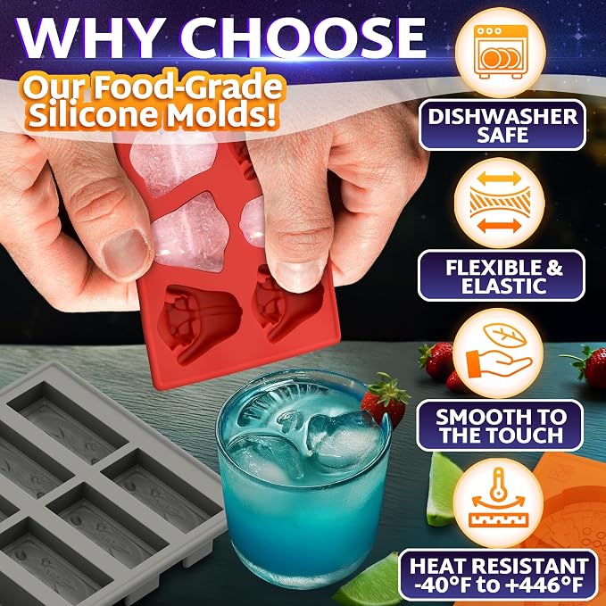 8-Piece Sci-Fi Silicone Molds Set - Flexible Space Ice Cube Trays for Easter Brunch and Patio Drinks, Candy, Chocolate, Gelatin | Nonstick Reusable, Dishwasher Safe, Hot & Cold Temperatures Resistant