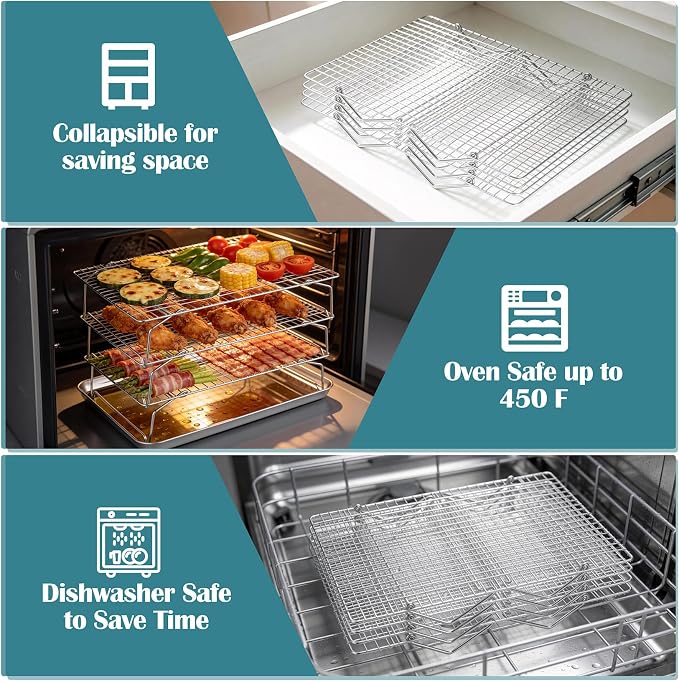 P&P CHEF 5 Tier Stackable Cooling Racks for Cooking and Baking, 15" x 10" | Stainless Steel Stackable Grid Cooling Rack for Cooling Roasting Grilling, Collapsible & Heavy Duty, Oven & Dishwasher Safe