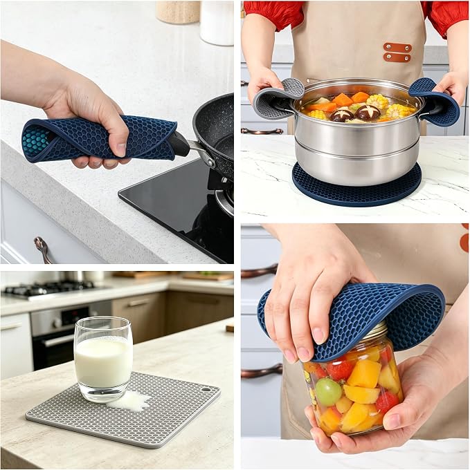 Silicone Trivets for Hot Dishes, 4-Pack Hot Pads for Kitchen Countertop Protector, Non-Slip Heat Resistant Mat for Hot Pots and Pans Food Grade Silicone Grey & Navy Blue