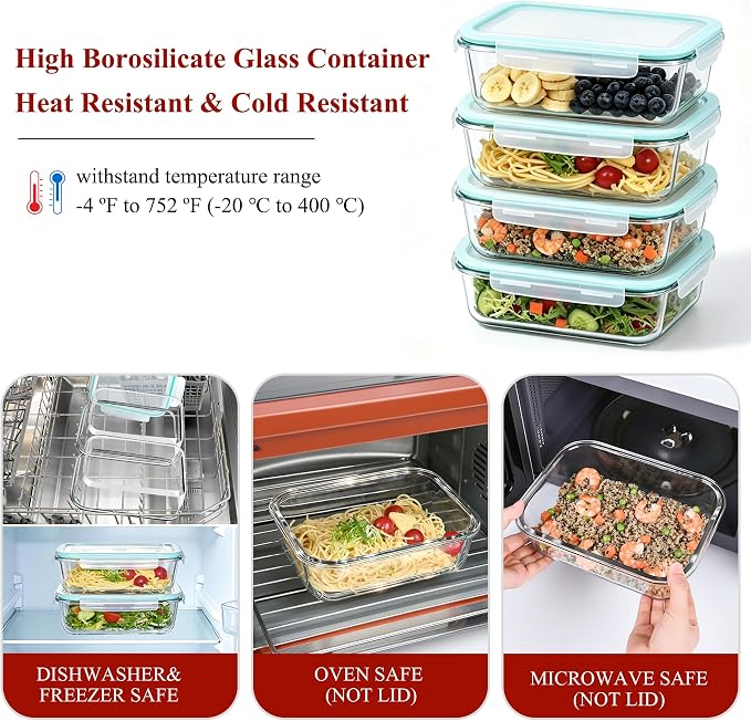 GEHE 4 Pack 52oz Glass Food Storage Containers with Lids, Large Glass Storage Containers with Airtight Lids, Meal Prep Container for Storing & Serving, Leak Proof, BPA Free, Microwave/Oven Safe