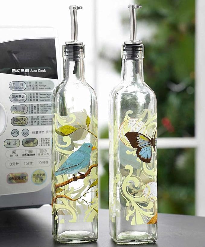 CEDAR HOME Olive Oil Bottle Set Glass Dispenser Vinegar Cruet 17oz. with Stainless Steel Leak Proof Pourer Spout for Cooking or Salad