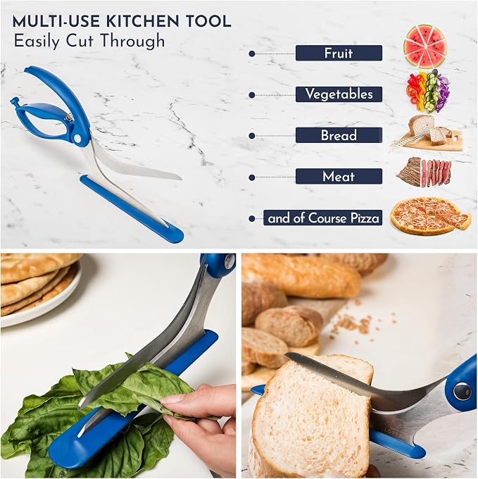 Pizza Scissors - Non-Stick Pizza Scissors with Firm Grip Base - Food Grade Stainless Steel Pizza Cutter - 5-in-1 Food Slicer & Pizza Server - Durable, Safe & Mess Free - Blue