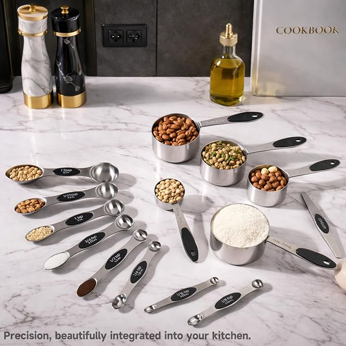 Magnetic Measuring Cups and Spoons Set, Stainless Steel, 14 Pcs | Food-grade 304 construction, strong N45 magnets, double-sided spoons, leveler included, for baking and cooking
