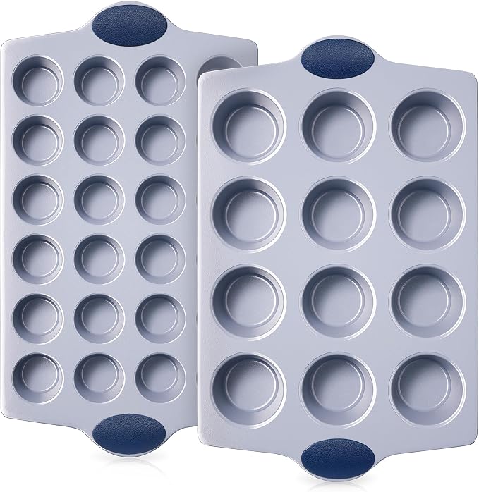 BRONYPRO 2-Pack 12 Cup and Mini 24 Cup Non Toxic Nonstick Ceramic Muffin Pan & Cupcake Tin, PFOA & PTFE Free, Heavy Duty Rust-Resistant Aluminized Steel, Oven Safe, Blue