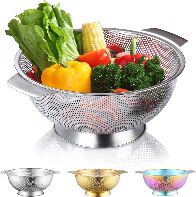 Kyraton Stainless Steel Colander 5 Quart, Professional Strainer with Heavy Duty Handles and Self Draining Solid Ring Base for Pasta, Spaghetti, Berry, Veggies, Fruits, Noodles, Salads Dishwasher Safe