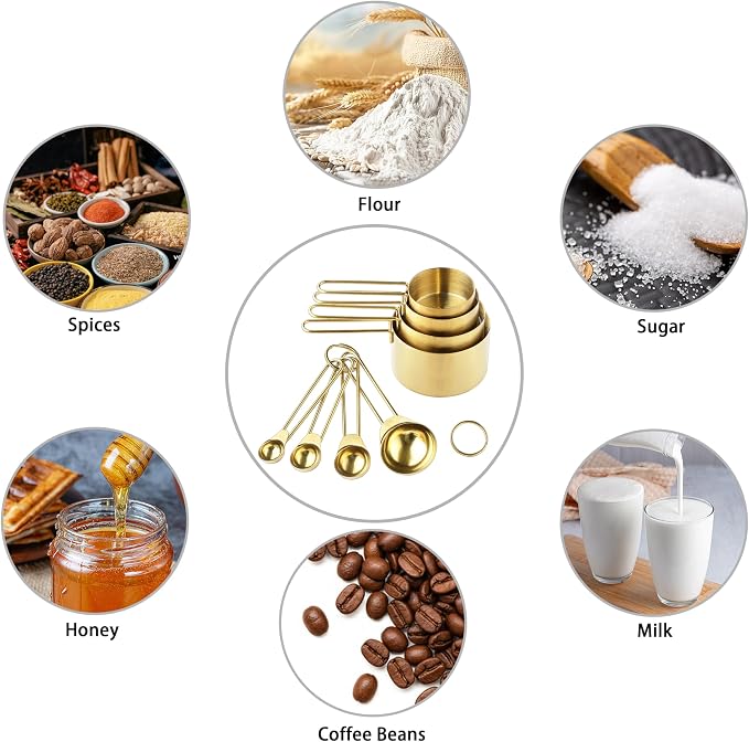 Measuring Cups and Spoons Set, Kaloo 8PCS Stainless Steel Metal Measuring Cups, Gold Finish, Ideal for Cooking and Baking