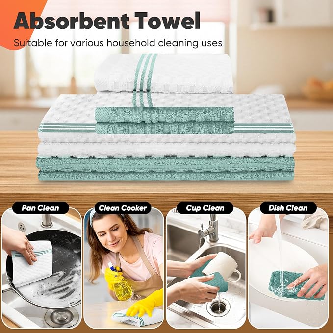Oven Mitts Kitchen Towels and Dishcloths with Pot Holders Sets, Oven Gloves Hot Pads 500°F Heat Resistant with Silicone Grip, Include 2 Cooking Gloves/2 Potholders/4 Kitchen Towels/4 Dish Towels