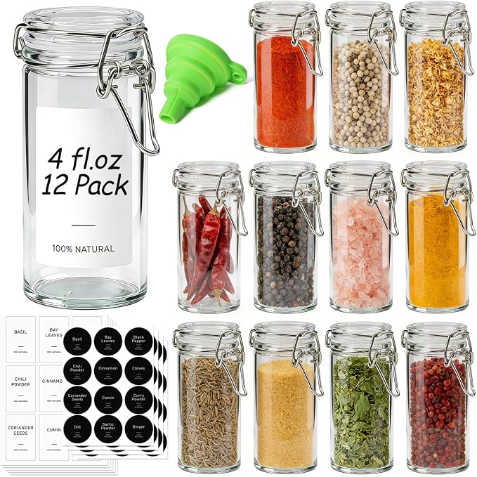 ComSaf Small Glass Spice Jars with Airtight Lids 4 oz 12 Pack with Labels | Seasoning herbs powders, Salt pepper chili, Spice rack cabinet organization, Small size, Funnel included, DIY crafts gifts