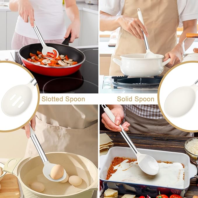 TeamFar Silicone Spoons, 2 Pcs Large Nonstick Kitchen Spoons, Heatproof Solid and Slotted Spoons for Cooking Mixing Serving Stirring, Healthy & Dishwasher Safe, White