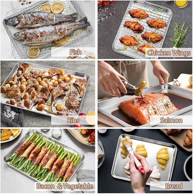 P&P CHEF 16 + 12.5 + 10.4 + 9 Inch Baking Sheet & Rack, Pan and Grid Rack | 8 Pcs (4x Cookie Sheets + 4x Cooling Racks), 4 Sizes, Stainless Steel Oven Pans Trays with Wire Racks, Oven & Dishwasher Safe