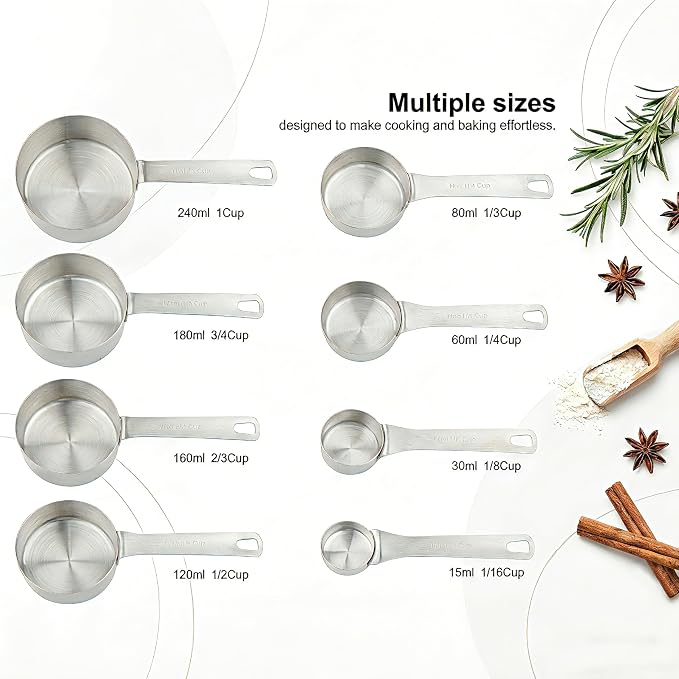 Measuring Cups Set,OLULU 18/8 Stainless Steel 8-Piece Metal Measuring Cups, Professional Measuring Cups for Home Kitchen Baking and Cooking.