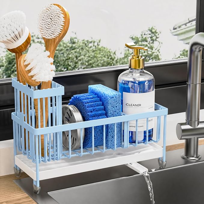 Cisily Sponge Holder for Kitchen Sink, Sink Caddy Organizer with High Brush Holder, Kitchen Countertop Organizers and Storage Essentials, Rustproof 304 Stainless Steel (Blue, 9.25″)