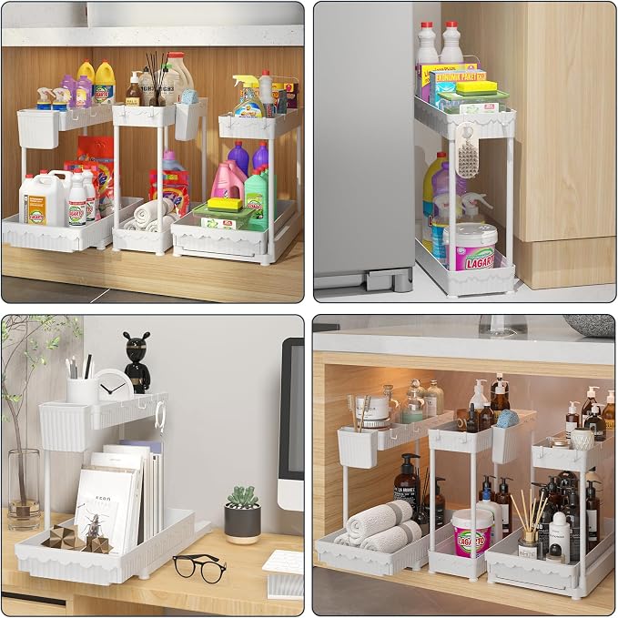 3-Pack 2-Tier L-Shaped Under Sink Organizers with Sliding Drawers | Multi-use kitchen & bathroom storage, 14.85 inch white cabinet organizer, space-saving sliding drawer design.