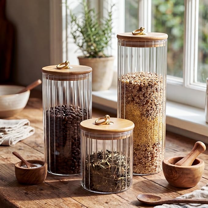 SiliFine 6 Set Glass Pantry Storage Jar with Acacia Airtight Lid 3 Size Glass Storage Container Jar for Pasta Spaghetti Cereal Coffee Bean Flour Sugar Rice, 17oz, 35oz, 53oz (Bamboo Lid with Ring)