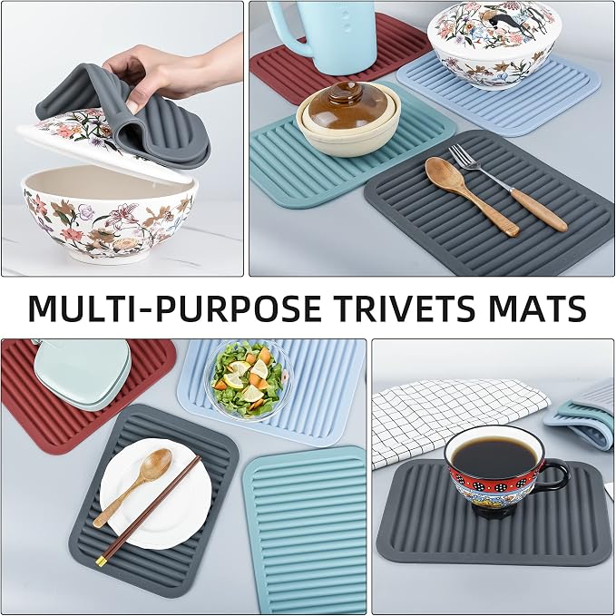 Silicone Trivets for Hot Dishes, Pots & Pans, Hot Pads for Kitchen, Trivets for Quartz Countertops, Hot Pads Silicone Mats for Kitchen Counter,Pot Holders Trivet Mat Set 2, Dark Grey