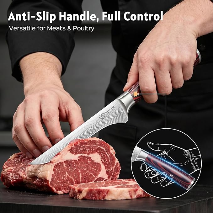 PAUDIN Boning Knife 6 Inch, Super Sharp Fillet Knife, German High Carbon Stainless Steel Deboning Knives, Professional Boning Knives for Meat Poultry Chicken, Pakkawood Handle with Gift Box