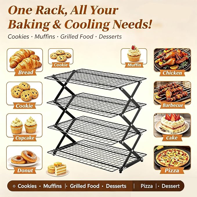 Collapsible Cooling Rack, Adjustable Stainless Steel Drying Rack (FOLD-4-TIER) | X-Shaped Structure Wire Cooling Rack for Baking, Cookies, Cake, Fruit, Bread,Roasting, Grilling, Drying Rack, Dishwasher Safe