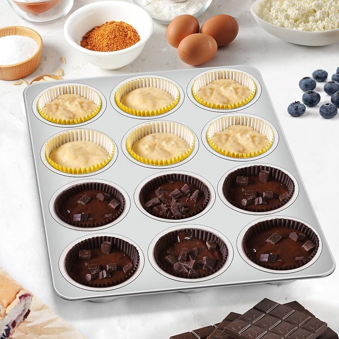Homikit 1 Pack Muffin Pan, Stainless Steel Cupcake Tin with 12 Cups Regular Size, 13.8" x 10.4" Nonstick Metal Egg Bites Tray for Oven Baking, Non Toxic & Rust Free, Easy Release & Dishwasher Safe