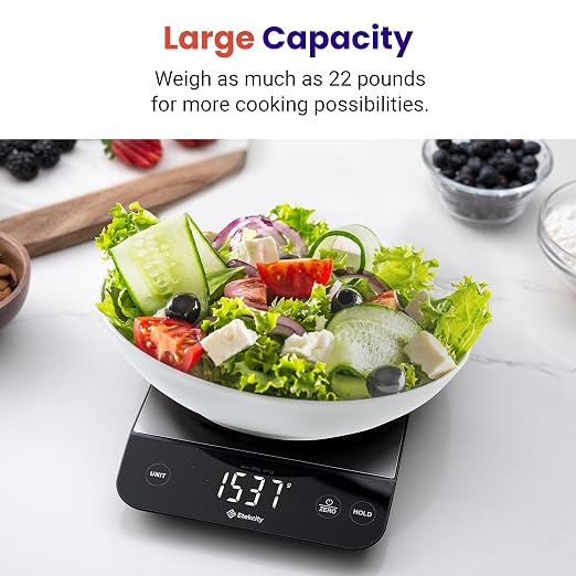 Etekcity 22lb Food Kitchen Scale, USB Rechargeable, IPX6 Waterproof | Digital scale with grams & ounces, 1g precision, 5 weight units, tare, ideal for baking, meal prep, Stainless Steel, Silver