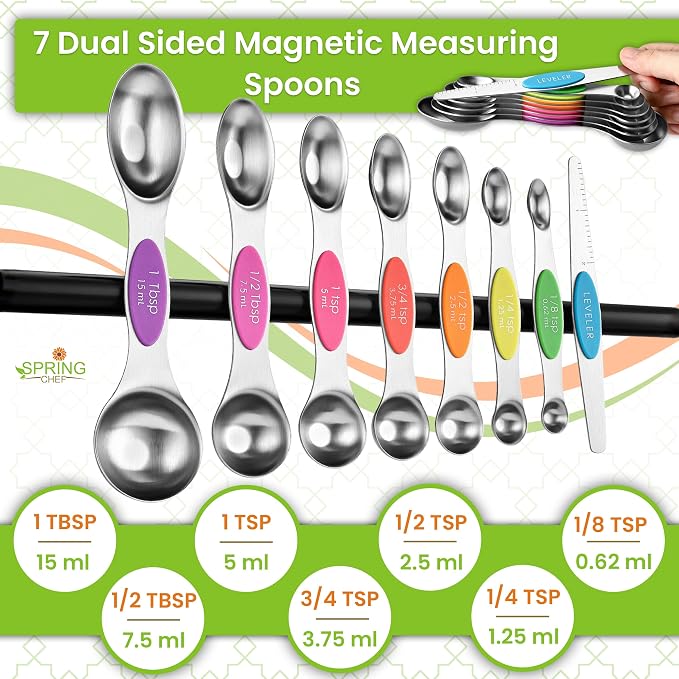 Spring Chef Magnetic Measuring Cups & Spoons Set of 16, Patented, Neon | Stackable Stainless Steel Measuring Cups & Heavy Duty Metal Measuring Spoons with Levelers for Dry & Liquid Ingredients