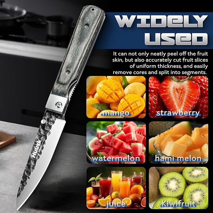 Huusk Japanese Folding Fruit Knife - Pocket Paring Knife with Ultra Sharp Blade - Hand Forged Kitchen Knives for BBQ, Camping and Travel - Gift for Men and Women