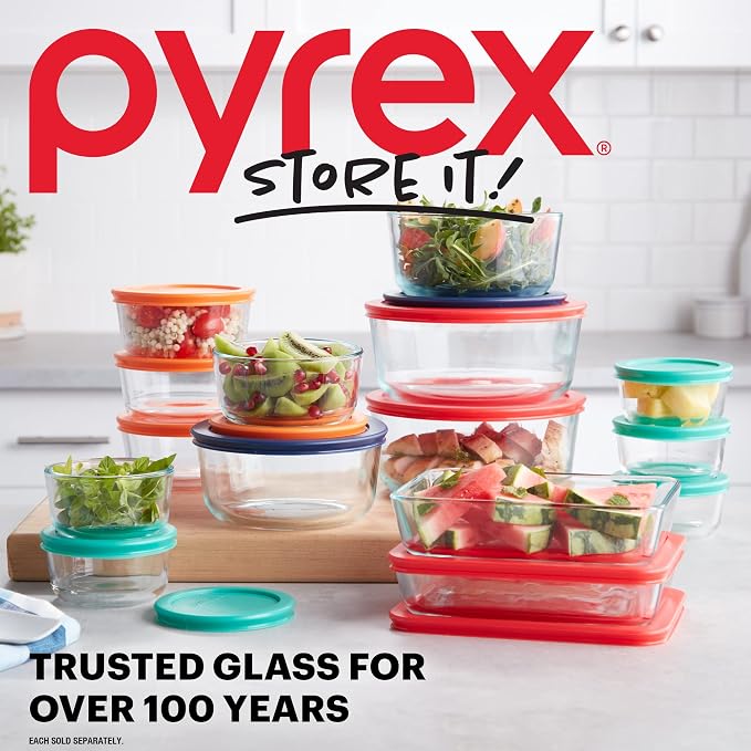 Pyrex Simply Store 7 Cup Glass Food Storage Container, BPA-Free Lids | Meal prep container with BPA-free plastic lid, freezer, dishwasher & microwave safe