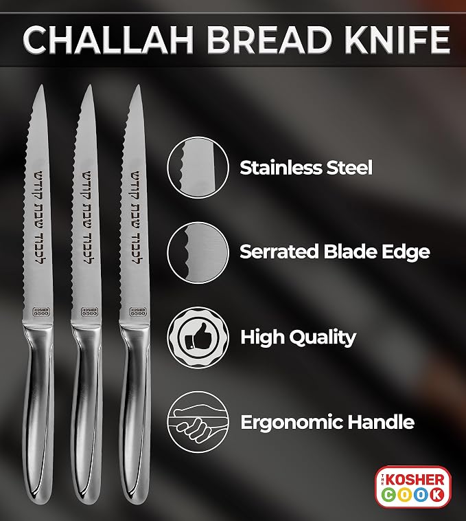 The Kosher Cook Premium Stainless Steel Challah Bread Knife - 6" Serrated Blade and Elegant Silver Handle - Perfect for Shabbat, Jewish Holidays