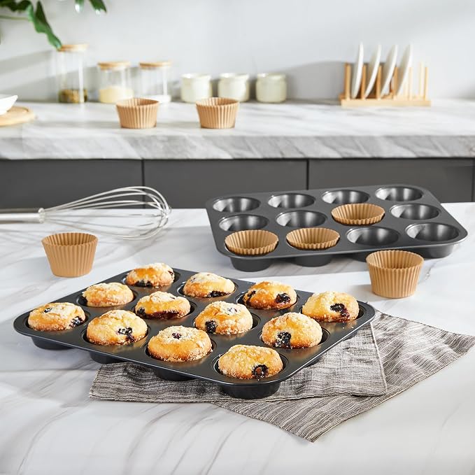 Muffin Pans with 120 Natural Parchment Liners, Nonstick Cupcake Baking Tray for Oven, Premium Standard Size, 12 Cup, 2 Pack, Dark Grey