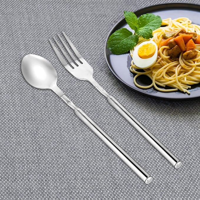 Telescopic Cooking Mixing Spoon Fork Set, Long Stainless Steel Retractable Fork and Spoon Set Extendable Dinner Fruit Dessert Fork Spoon Stretchable Cutlery for Barbecue Tableware(Spoon+Fork)