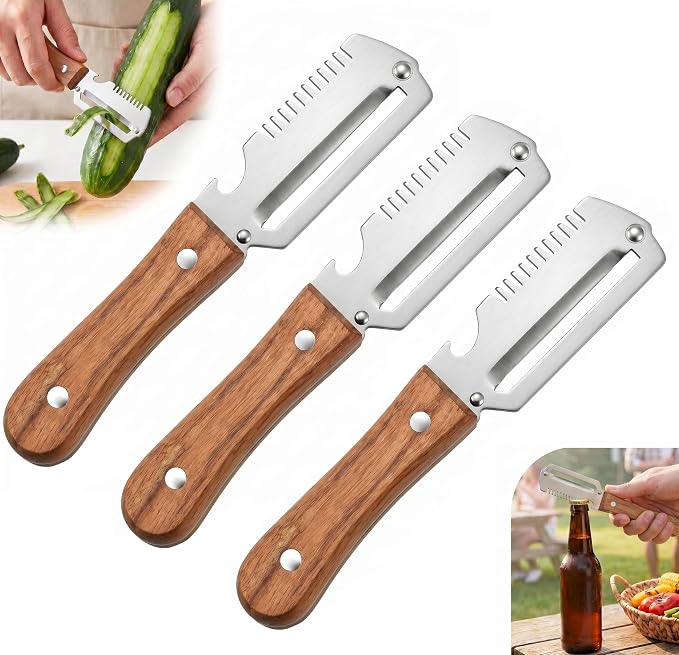3-in-1 Multifunctional Vegetable Peeler Curved Stainless Steel Blade with Wooden Handle - Peeling, Julienne & Bottle Opener Veggie Peeler for Home Chefs, Camping, Kitchen Tool (3PCS)