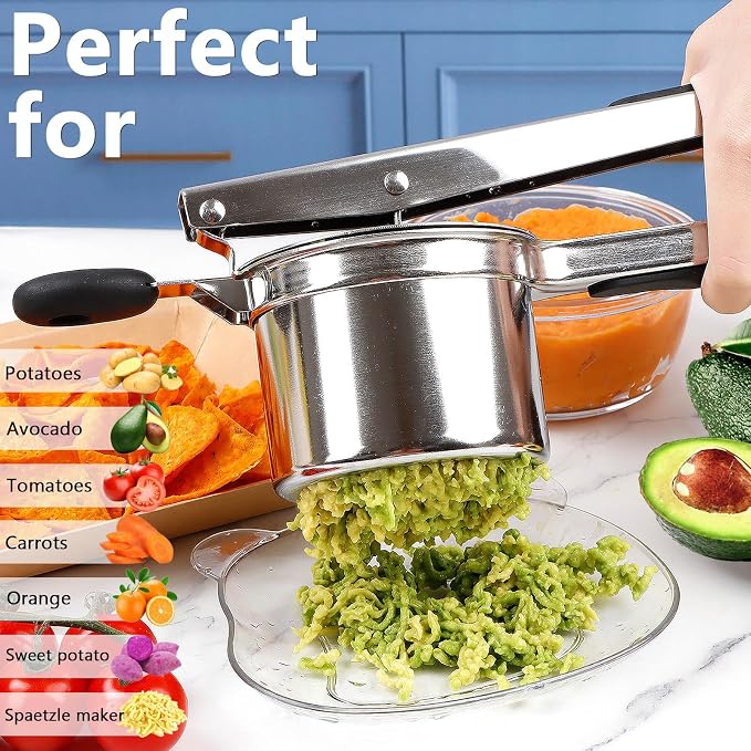 KAYCROWN Potato Ricer With 4 Discs, Heavy Duty Stainless Steel Potato Masher and Ricer for Mashed Potatoes Tool, Spaetzle Maker Lemon Squeezer
