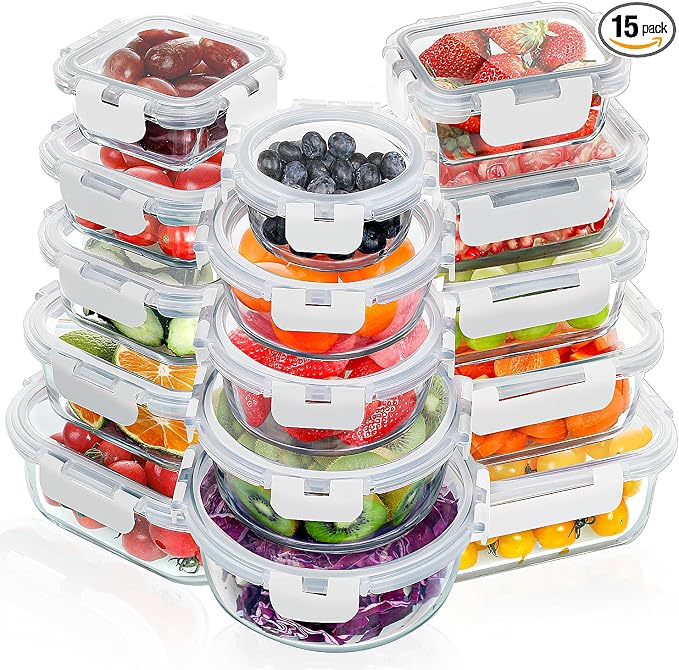 VERONES 30 Pieces Glass Food Storage Containers Set with Lids, White | Stackable Glass Meal Prep Containers Set with Lids, Airtight Lunch Containers, for Microwave, Oven, Freezer & Dishwasher