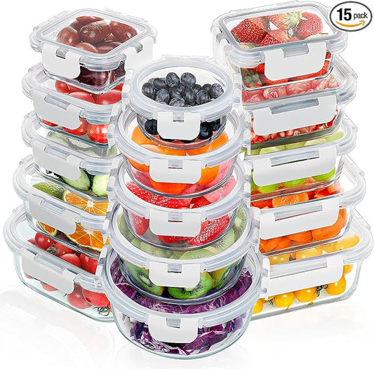 VERONES 30 Pieces Glass Food Storage Containers Set with Lids, White | Stackable Glass Meal Prep Containers Set with Lids, Airtight Lunch Containers, for Microwave, Oven, Freezer & Dishwasher