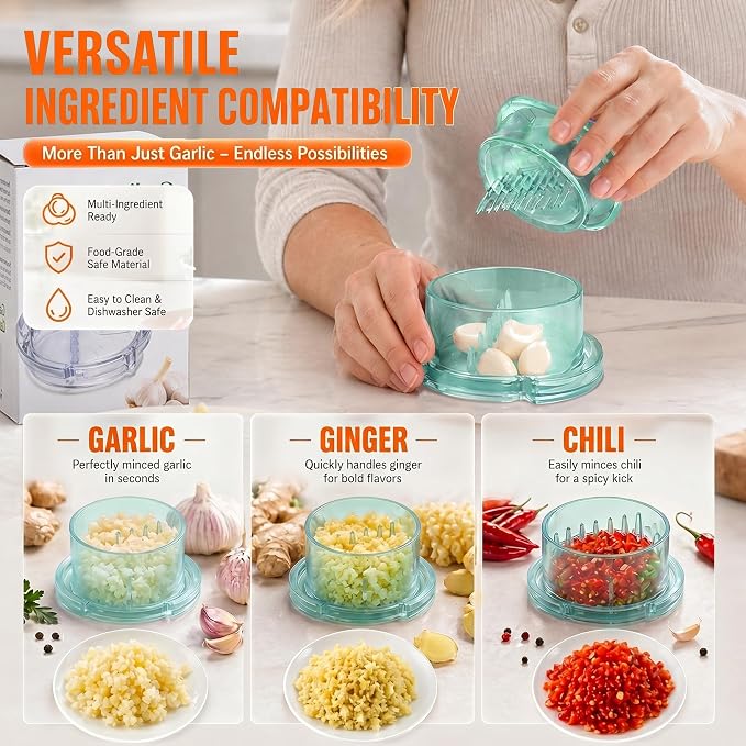 Li&Zhao Effortless Twist-to-Mince Garlic Crusher-Manual Garlic Twister Quick Rotary Action for Garlic Ginger Chili, Includes 2 Silicone Peelers, Easy Use Dishwasher Safe (Light Green)