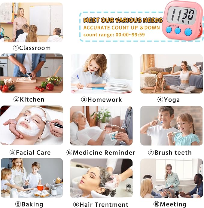 Timer for Kids Teachers Digital Kitchen Timers for Cooking Large Magnetic Classroom Timer 12Pack-White Pink