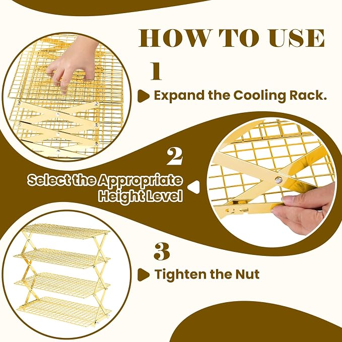BEWOS 4 Tier Collapsible Cooling Rack - Adjustable Stainless Steel Baking Rack with Mesh Leak Proof，Foldable X-Shaped Structure Cooling Racks for Cooking and Baking, Dishwasher Safe（Gold）