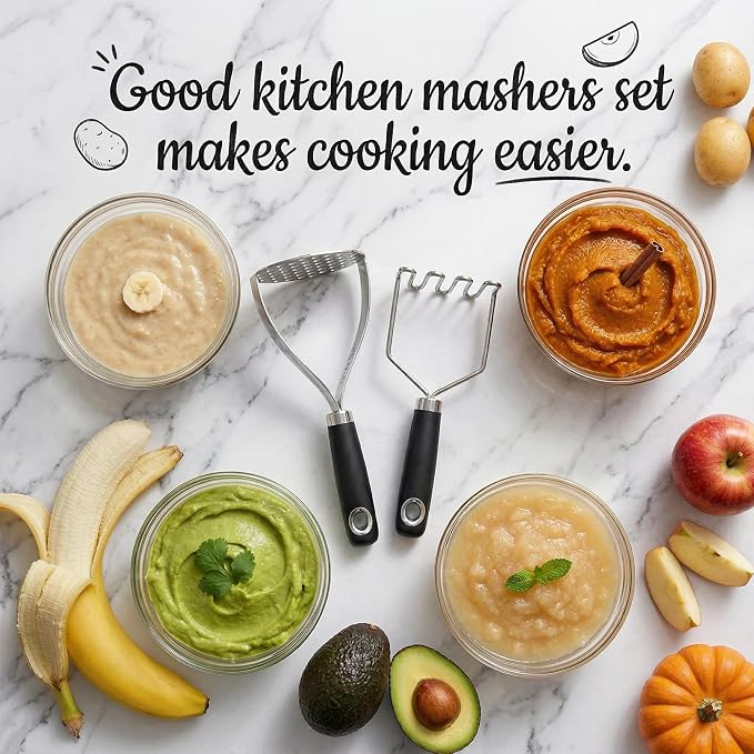 18/0 Stainless Steel Potato Mashers, 10.3-inch, Non-slip Handle, Kitchen Tool for Avocado Vegetable Sauce Butter Pumpkin Puree Bean, Dishwasher Safe, Pack of 2