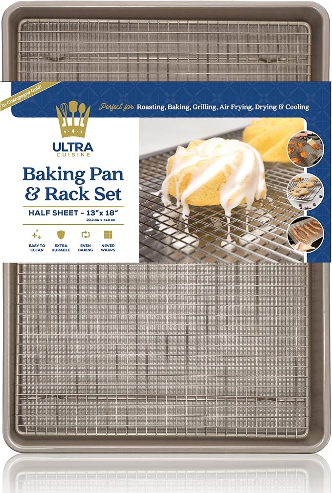 Wire Rack Baking Sheet Pan Set - Half Sheet Pan - Champagne | 100% Stainless Steel, Dishwasher Safe, Steel Reinforced Rim, Food Safe, Oven Safe, Non Stick, PFOA-Free, PTFE-Free