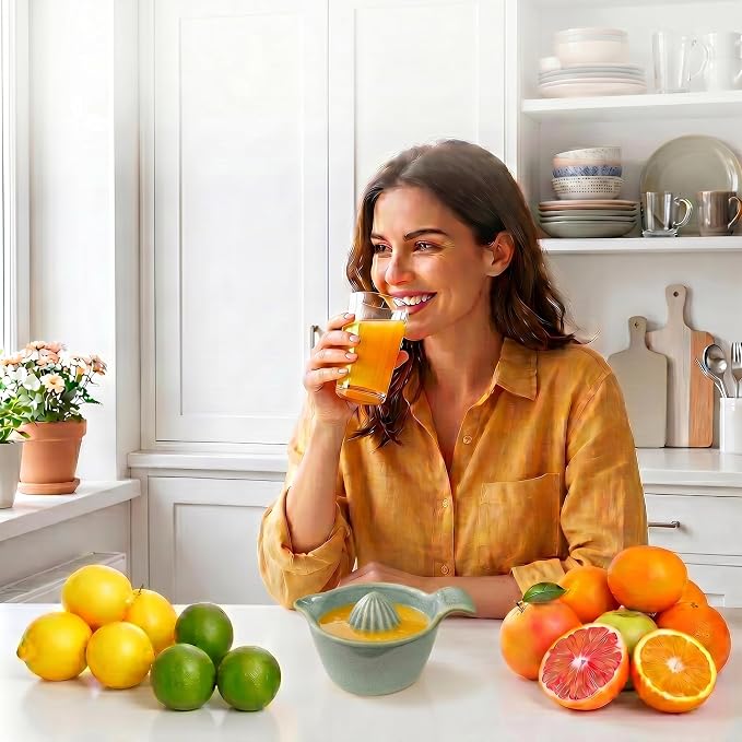 4 inch Ceramic Lemon Squeezer-Manual Citrus Juicer with Handle and Easy Pour Spout for Lemon,Orange, Lime&Grapefruit-Easy to Clean Hand Press Juicer,Microwave&Dishwasher Safe,Lead-Free (Green)