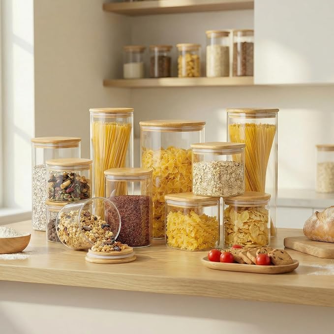 27 oz Square Glass Food Storage Containers with Airtight Bamboo Lids, 6Pack | Stackable Small Pantry Jar for Spices, Nuts & Seed, Durable Borosilicate Glass Canister Keep Food Fresh, Easy to Fill & Clean