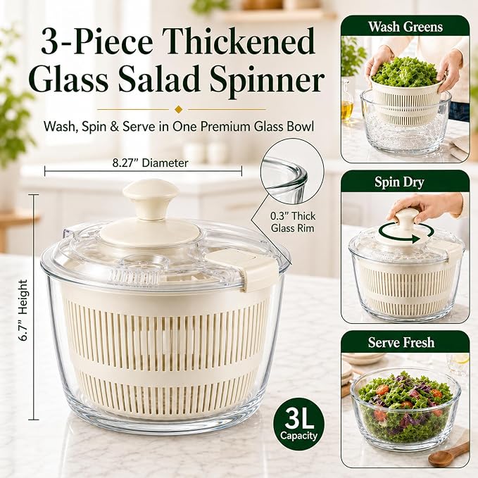 Glass Salad Spinner 3.2 Qt, Small Salad Spinner with Glass Bowl Removable Lid for Easy Cleaning Dishwasher Safe Glass Bowl Vegetable and Fruit Washer Dryer with Drain Spout Crank Handle White