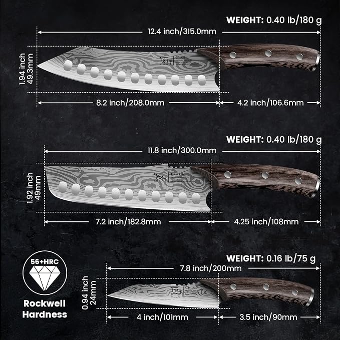 SYOKAMI Kitchen Knife Set, 3-Piece Japanese Style Chef Knives Set (8.2" Kiritsuke, 7.2" Nakiri, 4" Paring) for Precision Cutting, Damascus Pattern, Ergonomic Full Tang Wooden Handle, Cooking Gifts